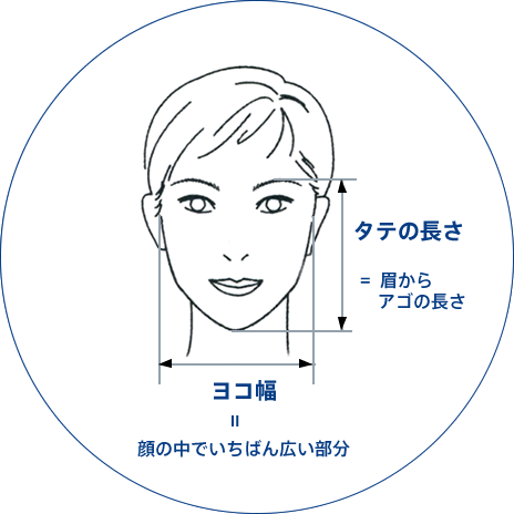 ヨコ幅:お顔の中でいちばん広い部分です。タテの長さ:眉からアゴの長さです。