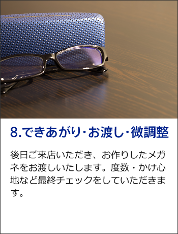 8.後日ご来店いただき、お作り下メガネをお渡しいたします。度数・かけ心地など最終チェックをしていただきます。